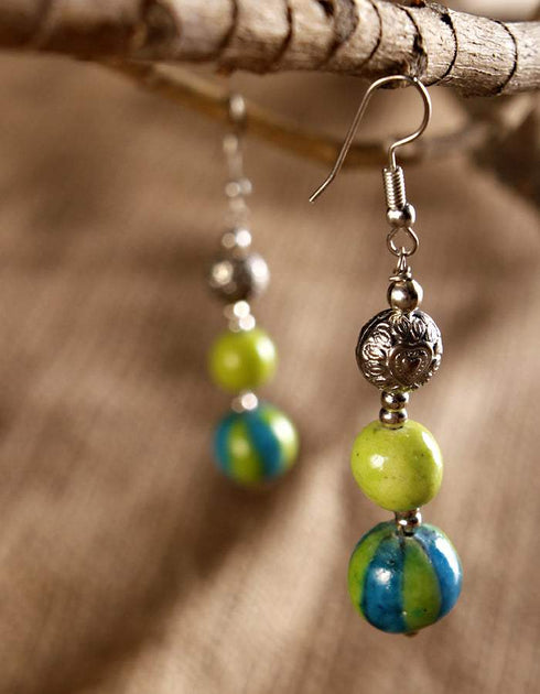 Blue Pottery 2 Bead Earring (Lime Green)
